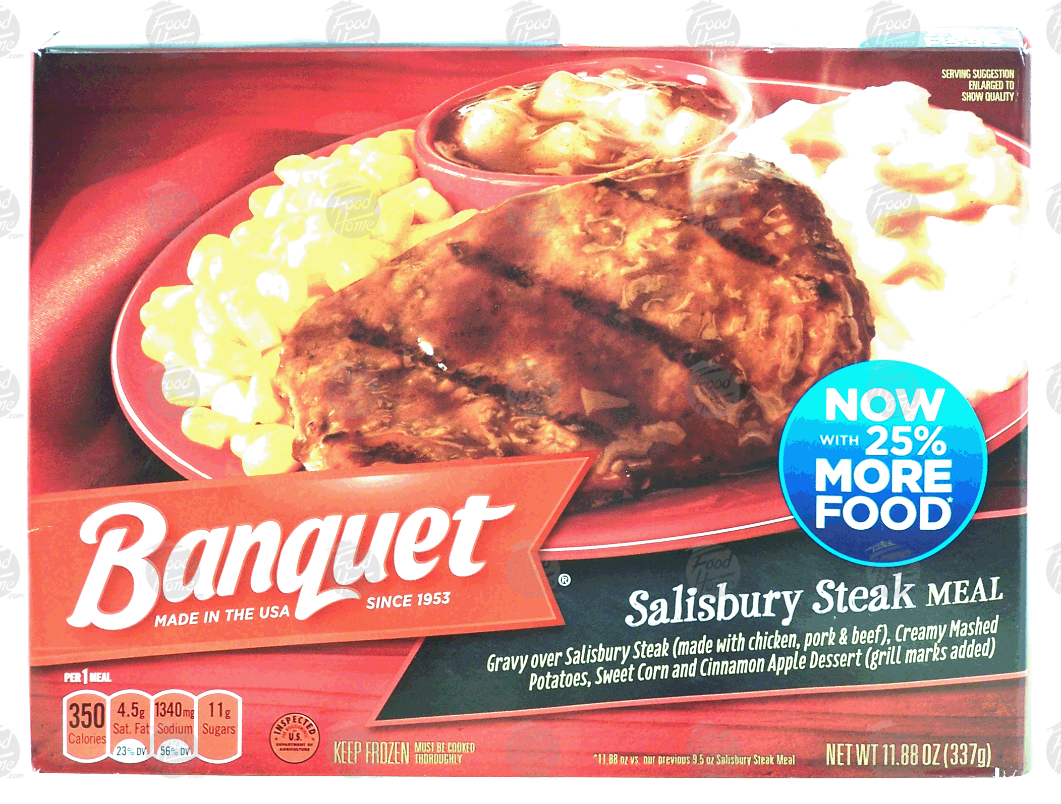 Banquet  salisbury steak meal, creamy mashed potatoes, sweet corn and cinnamon apple dessert Full-Size Picture